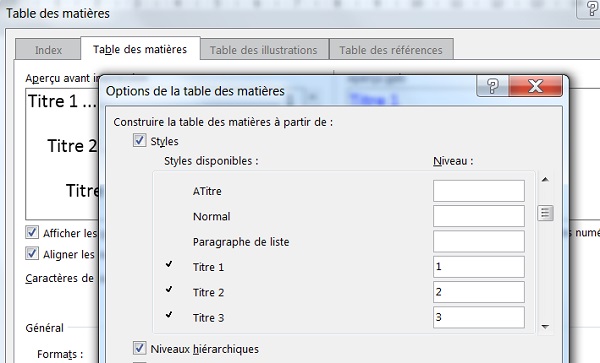 Définir hiérarchie des styles pour table des matières