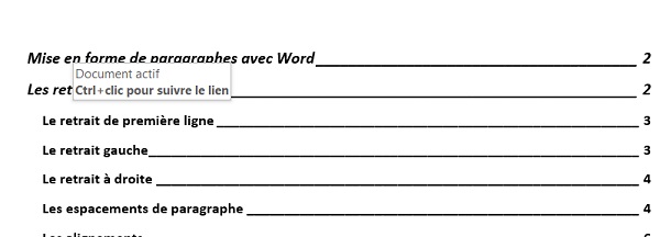 Table des matières automatique créée par Word