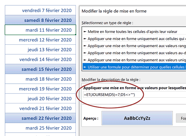 Règle de mise en forme conditionnelle Excel pour surligner automatiquement le dernier jour de la semaine dans une série de dates