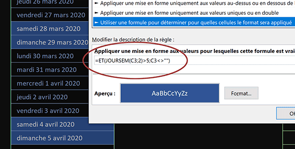 Mise en forme conditionnelle Excel pour faire ressortir automatiquement les jours de Week-End en couleur