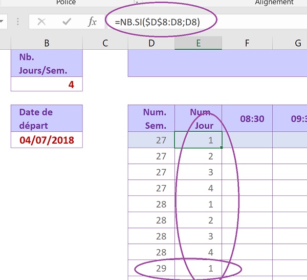 Numéros de jours pour chaque semaine du planning Excel construit automatiquement par calculs incrémentés