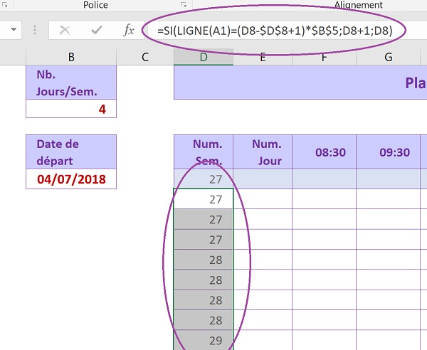 Construction automatique du planning Excel sur les numéros de semaines incrémentés par paliers