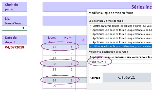 Règle de mise en forme conditionnelle pour repérer dynamiquement les débuts de semaines du planning automatique