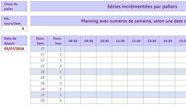 Planning Excel automatique avec numéros de semaines et jours selon séries incrémentées avec paliers