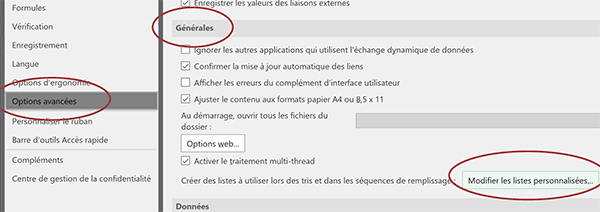 Options Excel pour configurer des listes personnalisées