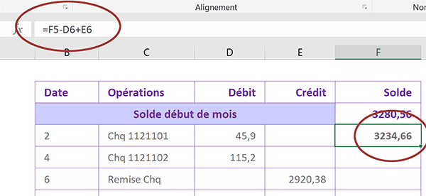 Argent courant par calcul dynamique Excel du premier solde en banque