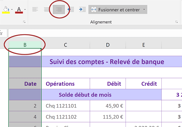 Alignement de toutes les cellules dans la colonne Excel