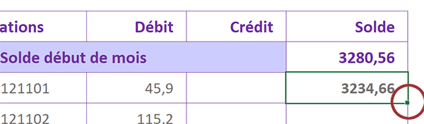 Poignée de cellule Excel pour reproduire un calcul de compte en banque