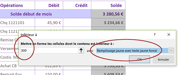 Repérer dynamiquement les valeurs faibles des calculs de soldes bancaires avec Excel