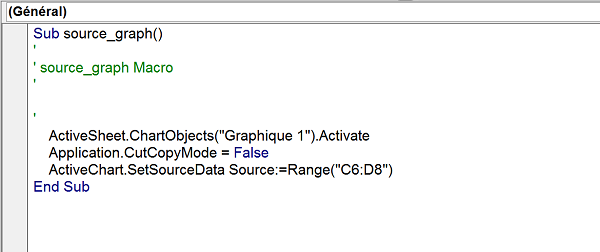 Code Visual Basic Excel pour définir la source de données du graphique