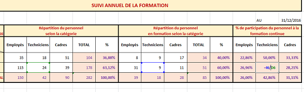 Calculs Excel statistiques de la répartition des employés en formation