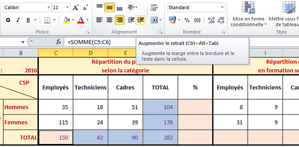 Aligner valeurs de calculs Excel avec décalage par rapport au bord