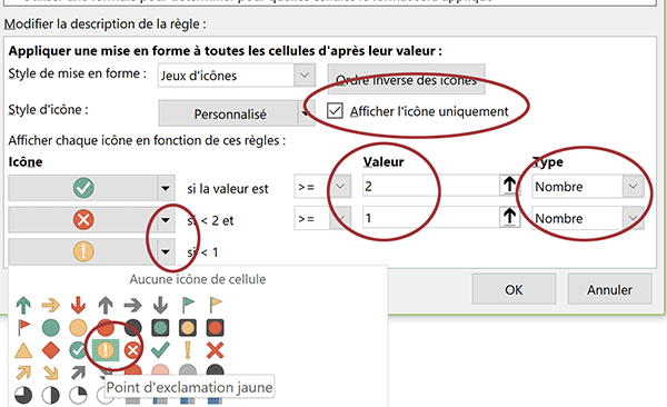 Paramètres de mise en forme conditionnelle Excel pour adapter les icônes graphiques aux valeurs numériques