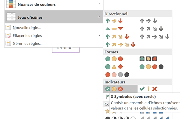 Mise en forme conditionnelle Excel avec icônes graphiques pour état