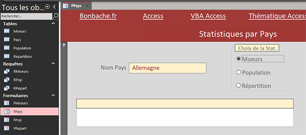 Formulaire Access des statistiques par Pays