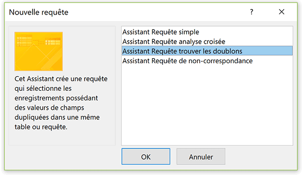 Assistant requête Access pour trouver les doublons de tables