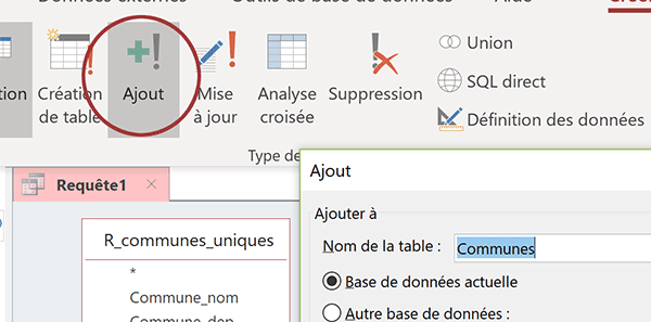 Choisir table de réception pour requête Access Ajout de données