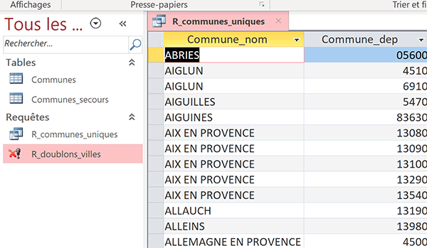 Extraire tous les enregistrements uniques de table Access par requête SQL Distinct