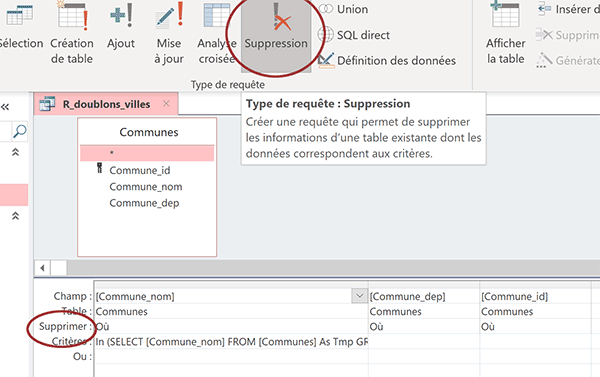 Convertir requête Trouver les doublons en requête Supprimer les doublons