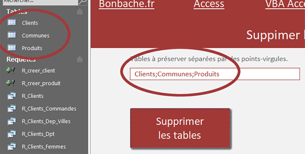 Supprimer toutes les tables de la base de données Access sauf certaines