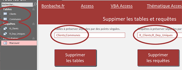 Formulaire Access pour supprimer les tables et requêtes de la base de données