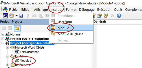 Créer un nouveau module de code VBA dans un projet Word