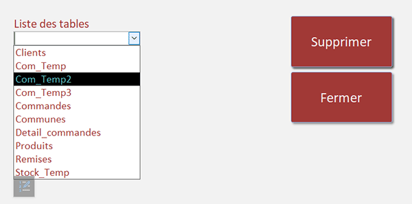 Interface Access pour supprimer une table choisie par le code VBA