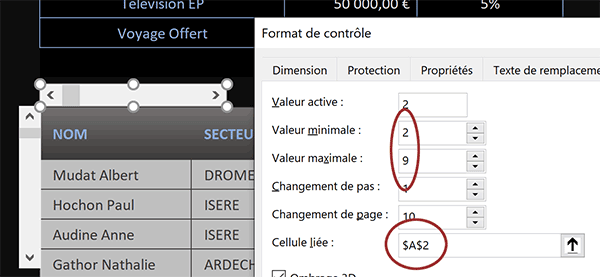 Propriétés de la barre de défilement Excel avec cellule liée pour récolter les valeurs des scrolls