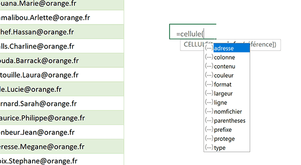 Fonction Excel Cellule pour connaître les propriétés de la cellule active