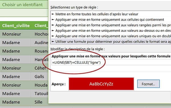 Règle de mise en forme conditionnelle Excel pour surligner la ligne de la cellule cliquée dans le tableau