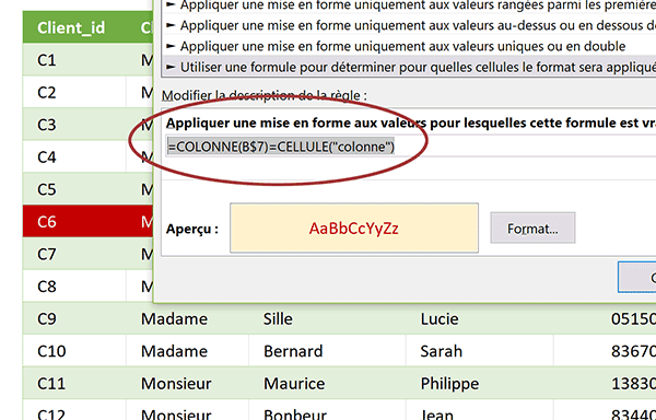 Règle de mise en forme conditionnelle Excel pour surligner la colonne de la cellule cliquée dans le tableau