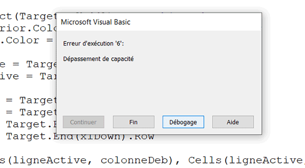 Erreur 6, dépassement de capacité en VBA Excel