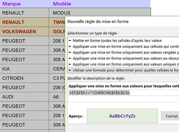 Règle cumulée de format dynamique Excel pour repérer en couleur les lignes cherchées dans le tableau