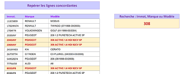 Tableau Excel de base de données pour repérer dynamiquement les lignes cherchées