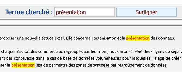 Mots clés de recherche surlignés sur la page Web par le code Javascript