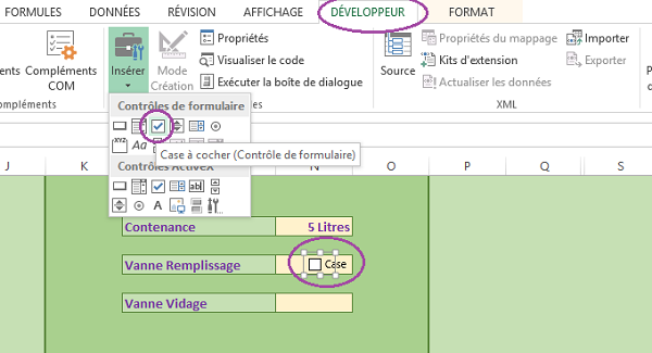 Cases à cocher sur feuille Excel pour contrôler rendu graphique automatisme synoptique