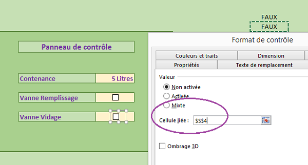 Associer case à cocher à cellule de feuille Excel pour inscrire valeur état