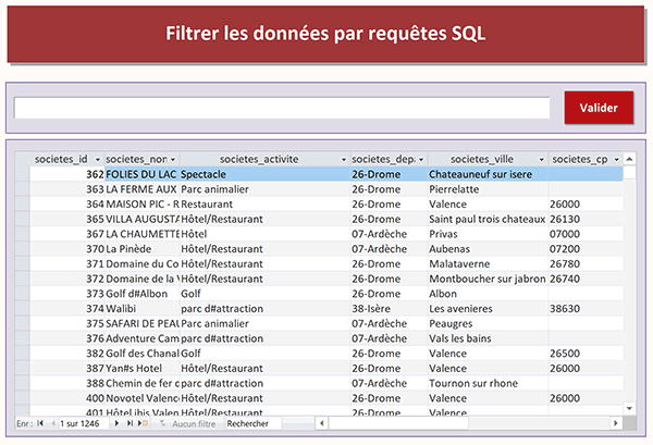 Formulaire Access avec zone de saisie de syntaxe Sql pour filtrer les données de la table