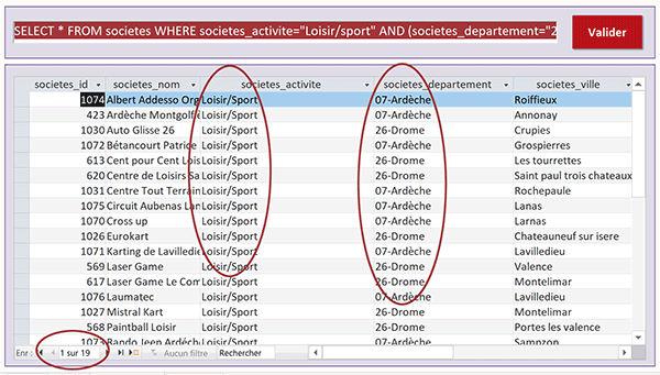 Recouper les critères dans une requête SQL pour extraire les données demandées dans la base Access