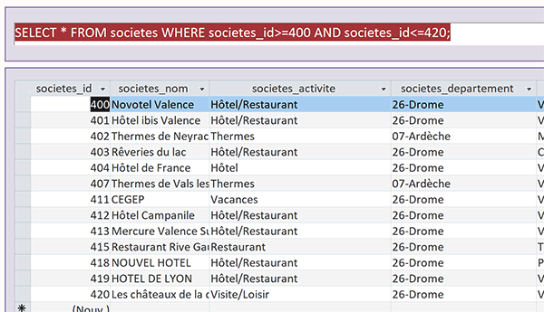 Sélectionner tous les enregistrements de la base de données Access pour lesquels la valeur numérique est comprise entre deux bornes