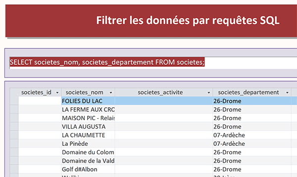 Résultats de requête Sql de sélection sur deux champs de la table Access