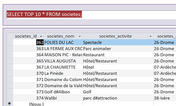 Extraction limitée aux premiers enregistrements de la table Access par clause Top dans la requête Sql