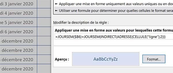 Règle Excel de mise en forme conditionnelle pour repérer en couleur les jours de semaine correspondant à la date cliquée par utilisateur