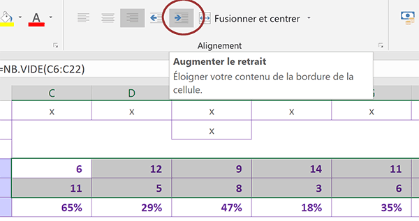 Décoller les nombres de bord de leur cellule par retrait Excel