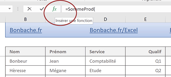 Appeler assistant fonction Excel pour aider à construire formule matricielle avec fonction SommeProd