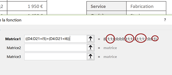 Chiffres assistant fonction Excel repérant positions des données recoupant les critères du calcul matriciel