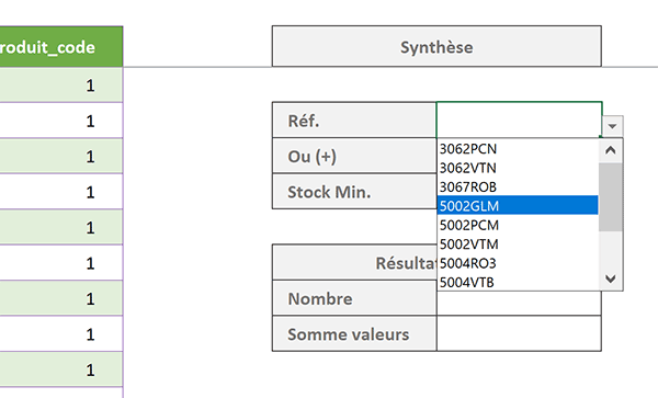 Liste déroulante Excel pour définir un critère de synthèse sur les codes article de la base de données