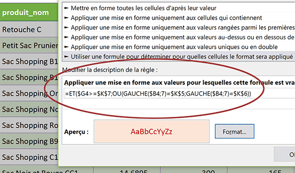 Règle de mise en forme conditionnelle Excel pour repérer dynamiquement les enregistrements concordant avec les conditions recoupées et additionnées