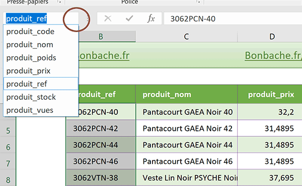 Noms des colonnes de la base de données en fonction des titres pour constuction des formules matricielles