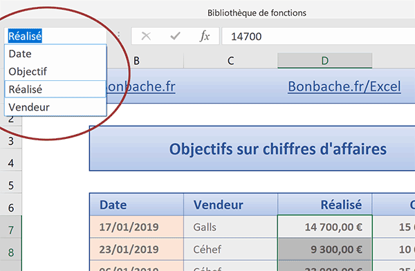 Noms des colonnes du tableau Excel à utiliser dans la construction des formules matricielles